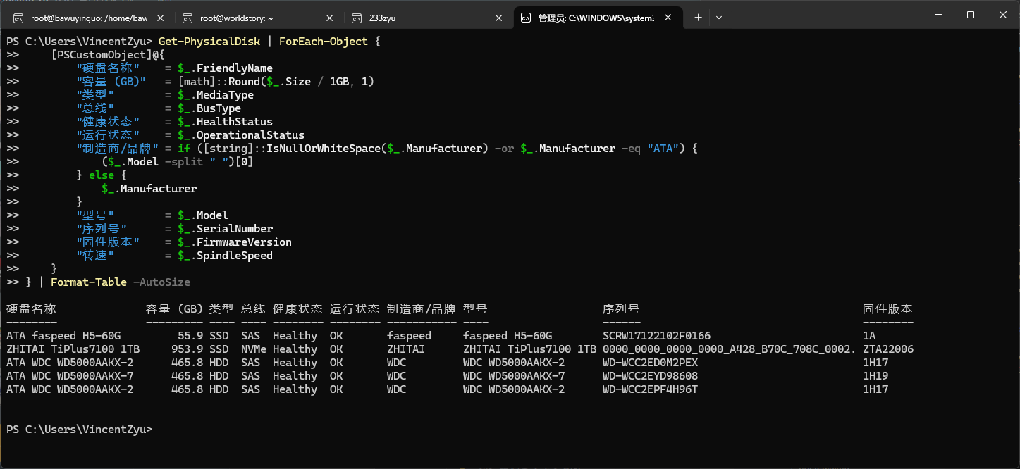 PowerShell 查看 1 块 faspeed SSD、1 块致态 SSD 和 3 块西数 HDD 的物理硬盘信息